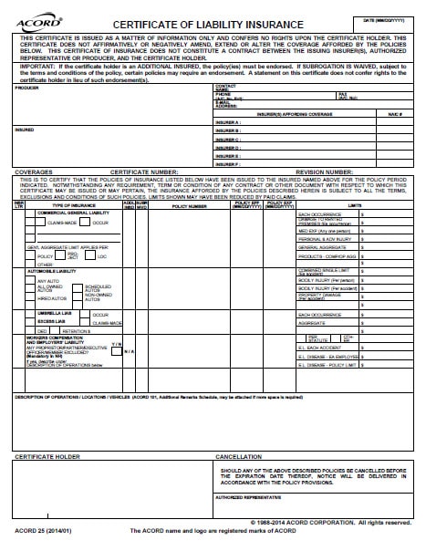 Certificate of insurance