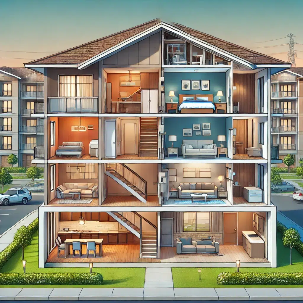 Insurance For Condo Homeowners Associations. A professional illustration of a modern Arizona condo complex, showcasing a detailed cross-section of a condominium unit.