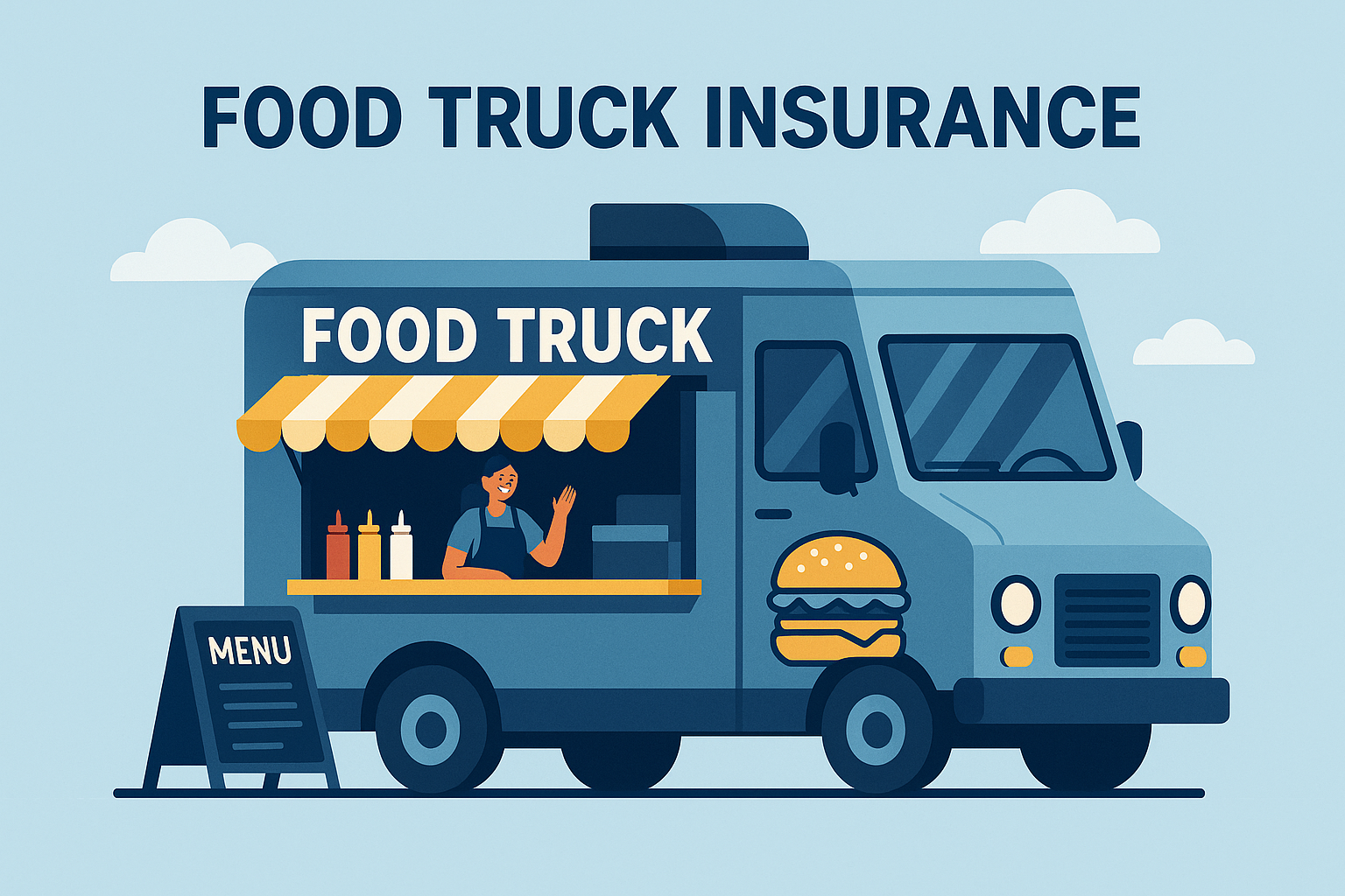 Illustration of a food truck with a serving window and smiling vendor, featuring a 'Food Truck Insurance' banner, condiment bottles, and a menu board—used to promote insurance coverage for mobile food businesses